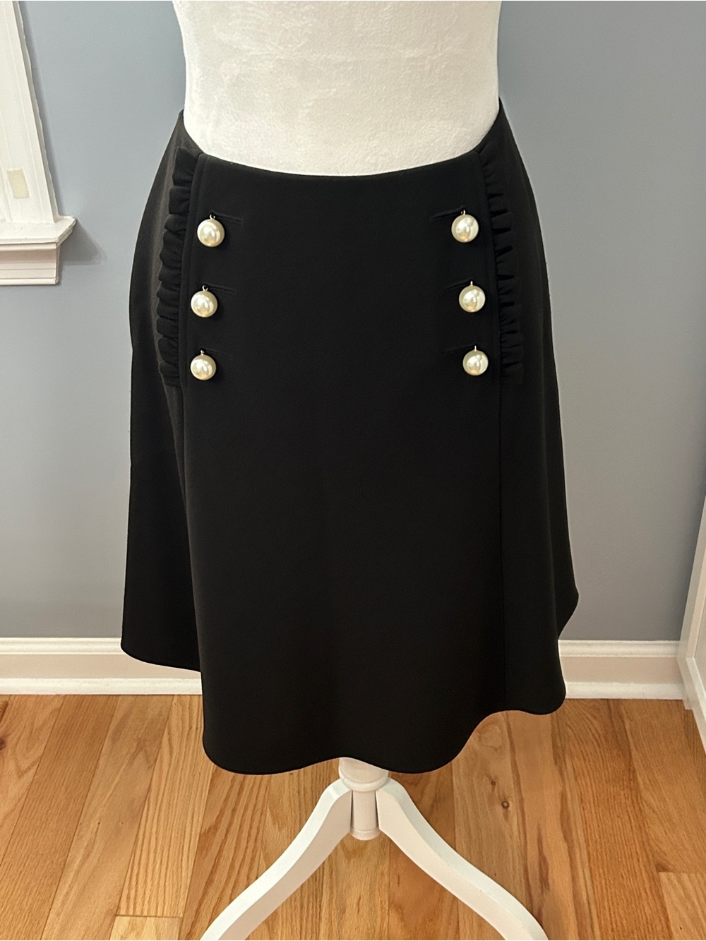 Kate Spade New York Black A-Line Skirt Size 10 Faux Pearl Nautical Ruffle Trim